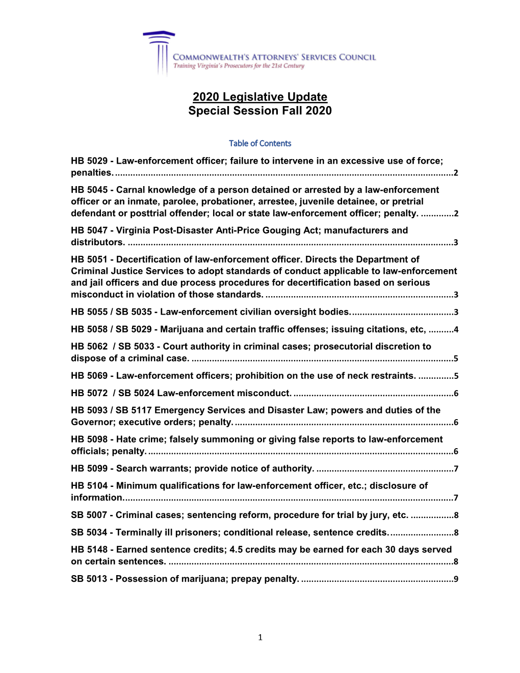 2020 Legislative Update Special Session for Law Enforcement