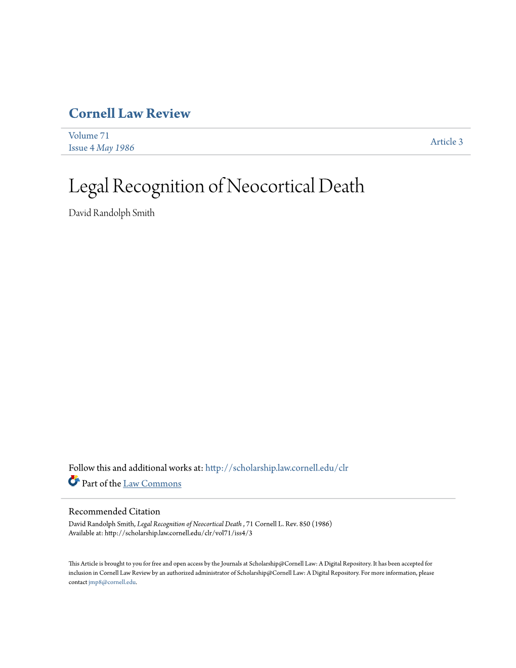 Legal Recognition of Neocortical Death David Randolph Smith