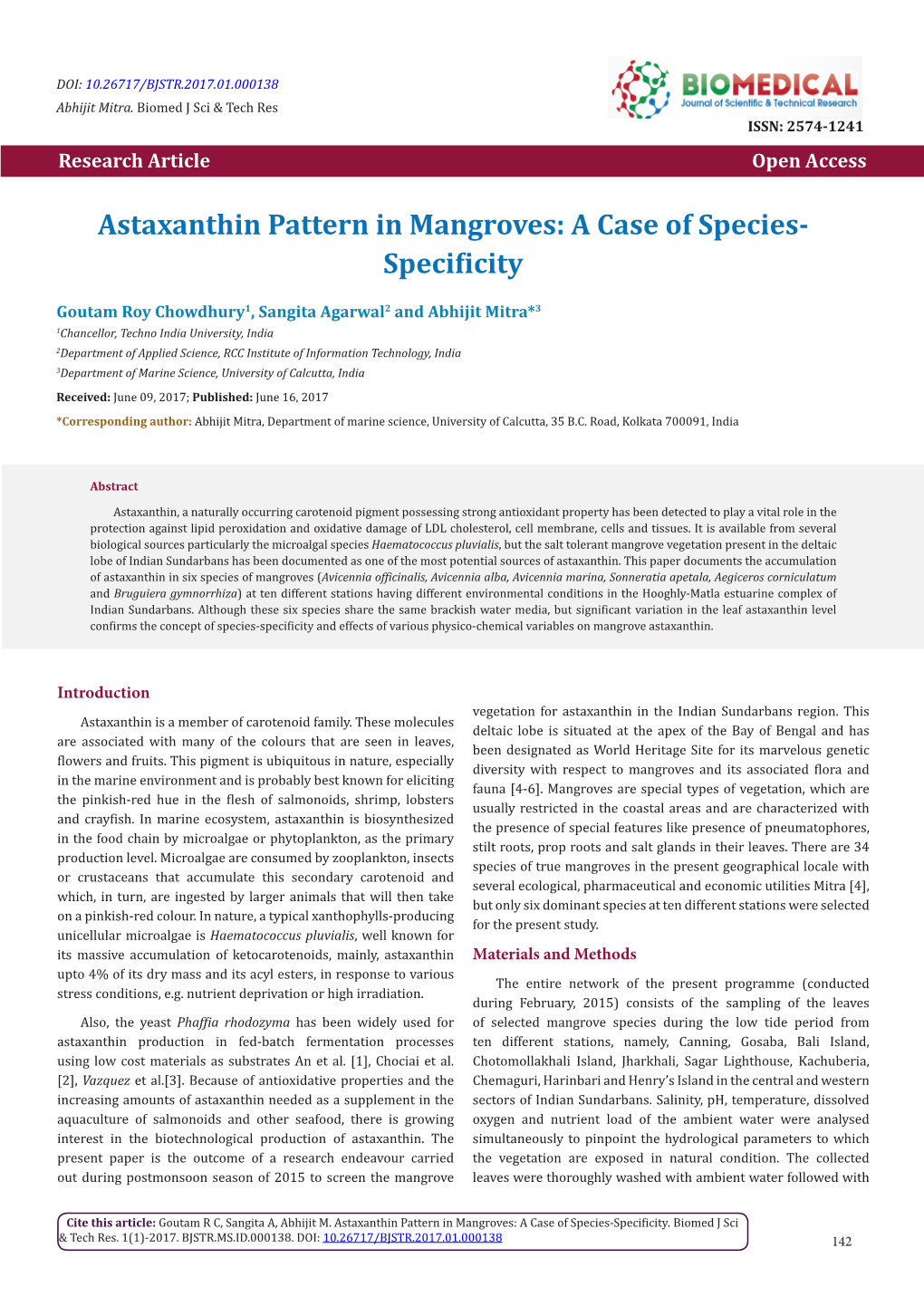 Astaxanthin Pattern in Mangroves: a Case of Species-Specificity & Tech Res