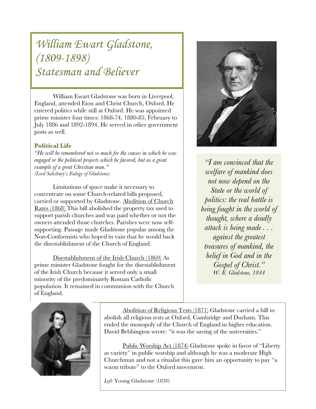 William Ewart Gladstone, (1809-1898) Statesman and Believer