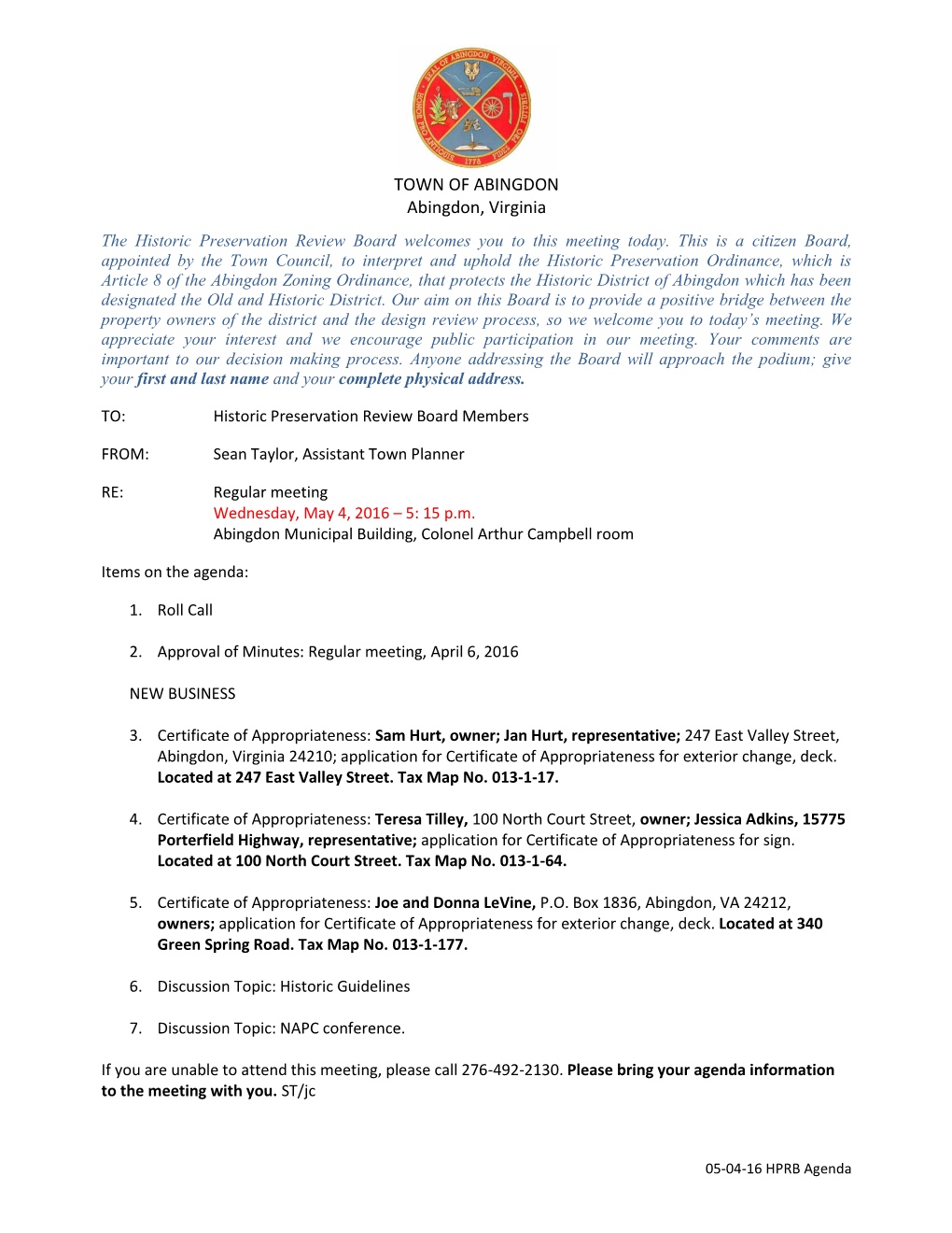 05-04-16-HPRB-Regular-Mtg-Agenda.Pdf