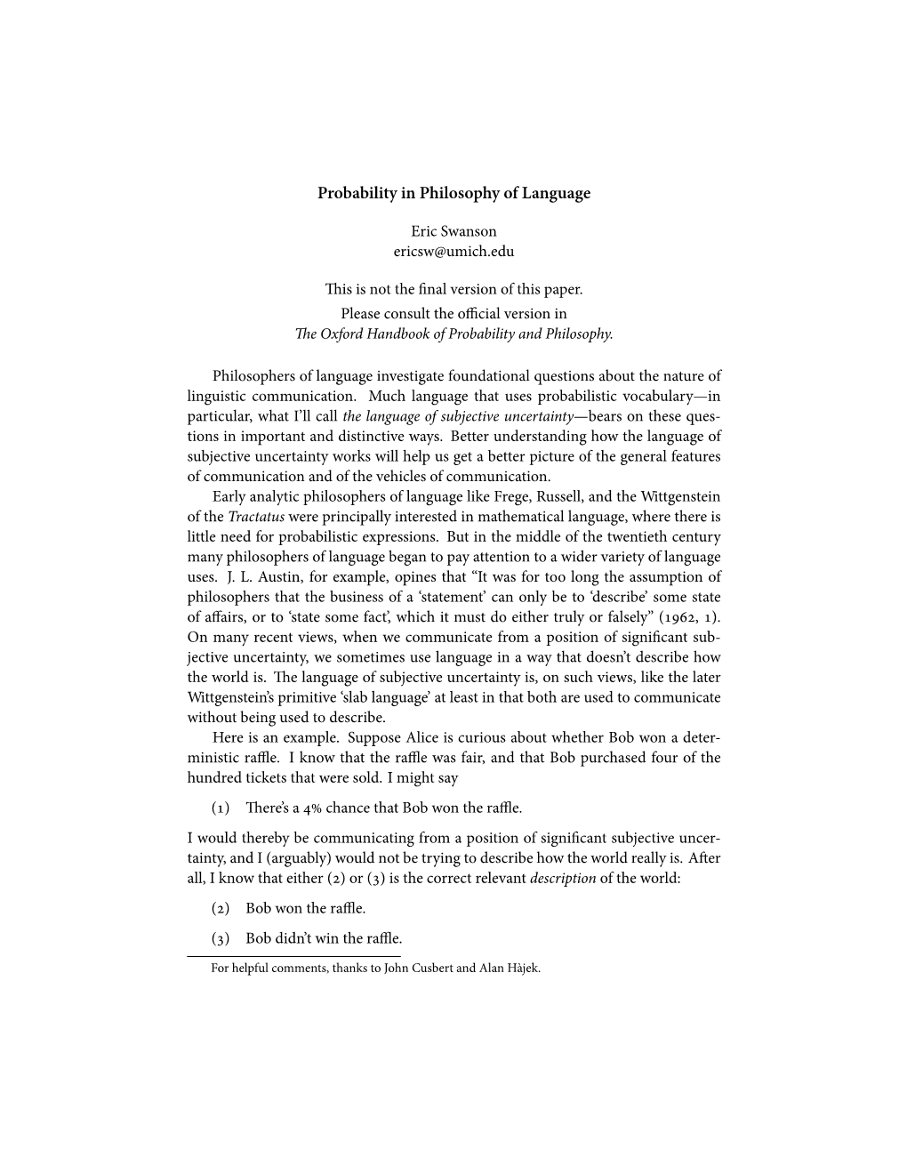 Probability in Philosophy of Language