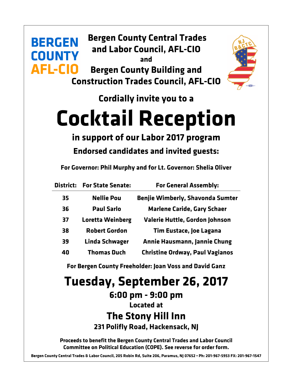 Cocktail Reception in Support of Our Labor 2017 Program Endorsed Candidates and Invited Guests