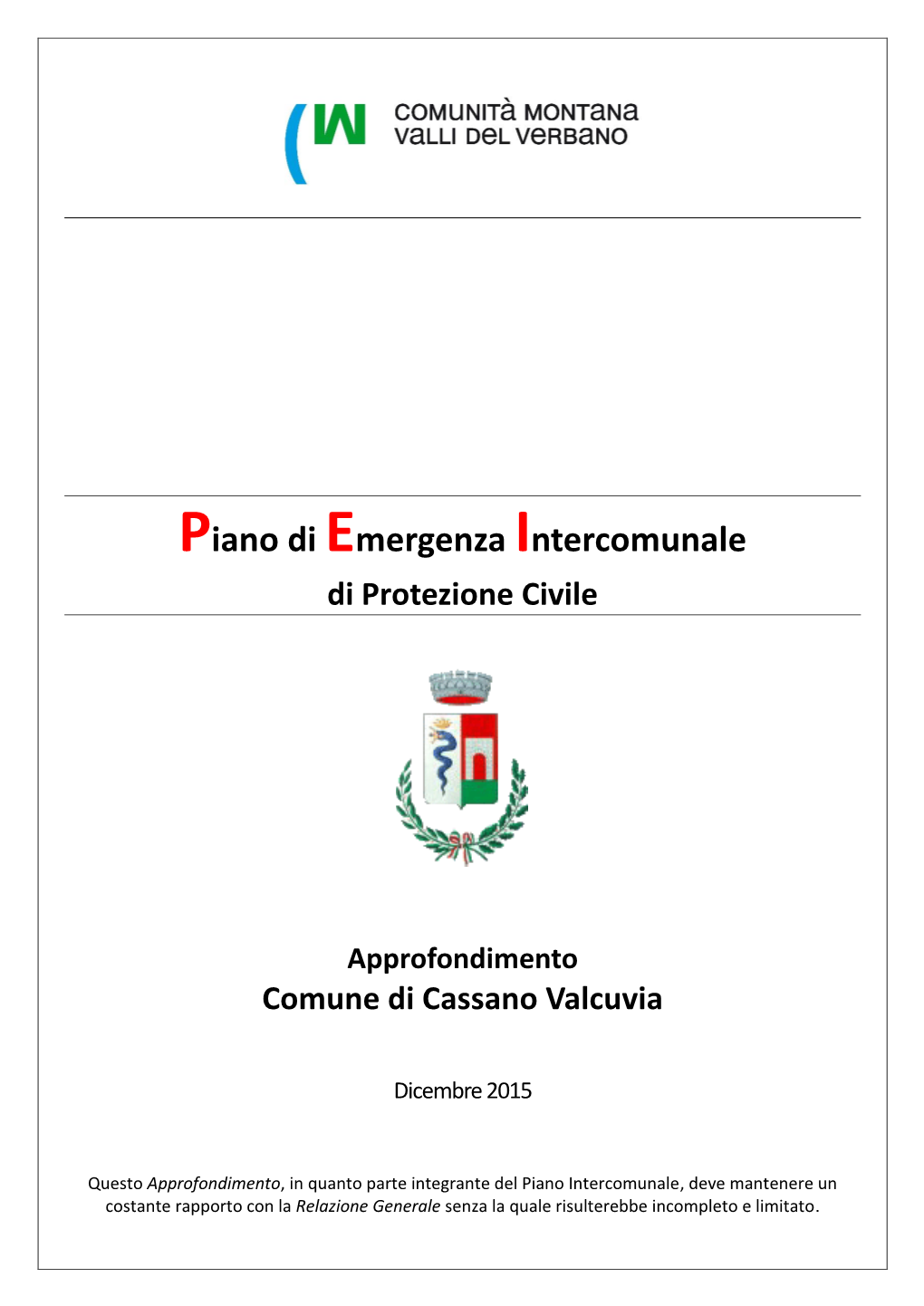 Piano Di Emergenza Intercomunale Di Protezione Civile