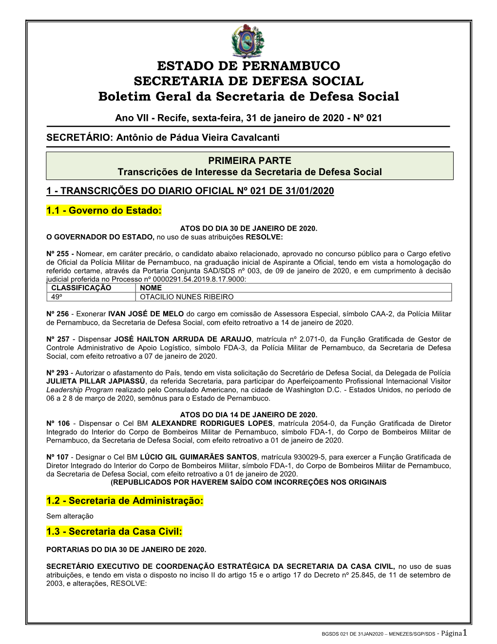 ESTADO DE PERNAMBUCO SECRETARIA DE DEFESA SOCIAL Boletim Geral Da Secretaria De Defesa Social