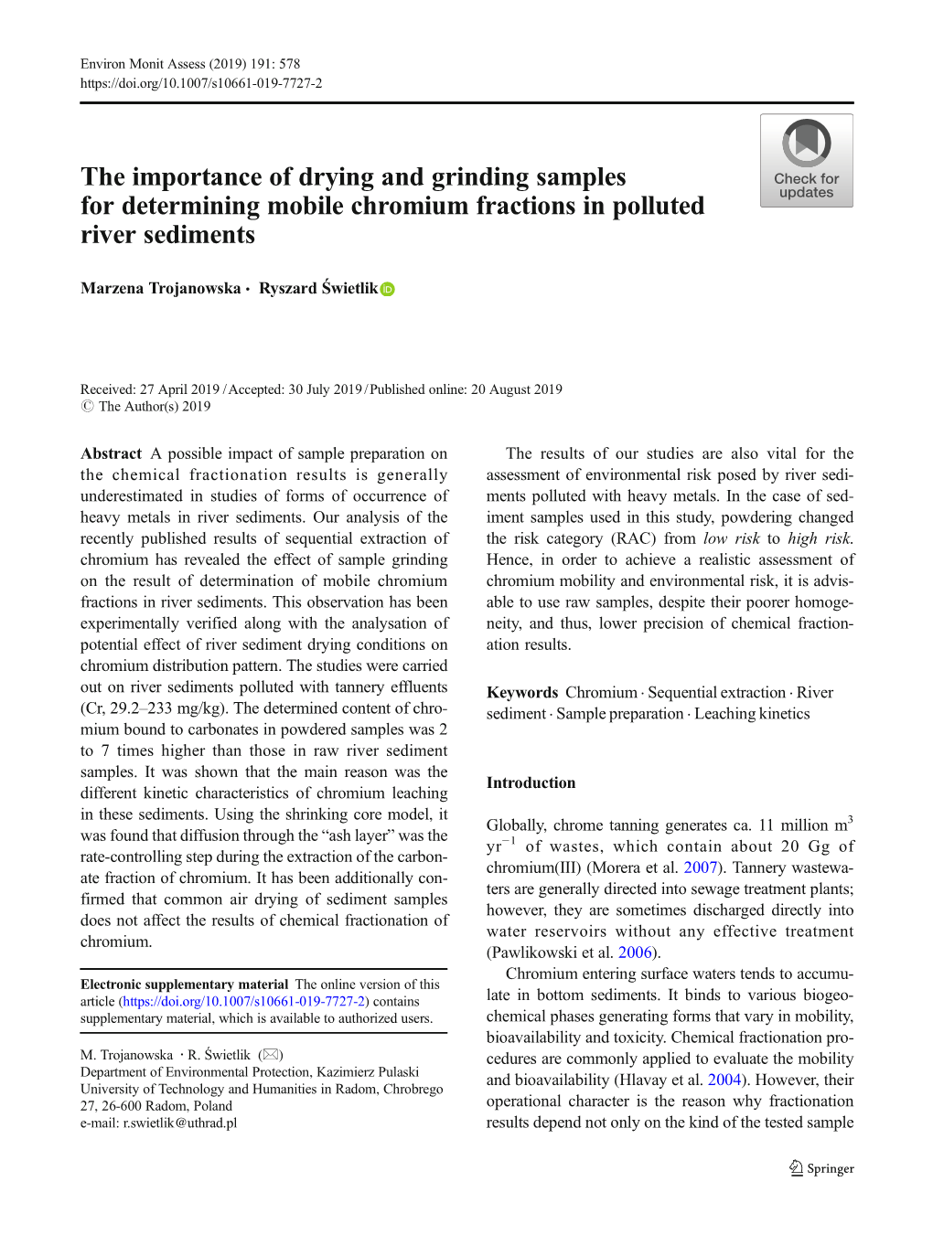 The Importance of Drying and Grinding Samples for Determining Mobile Chromium Fractions in Polluted River Sediments