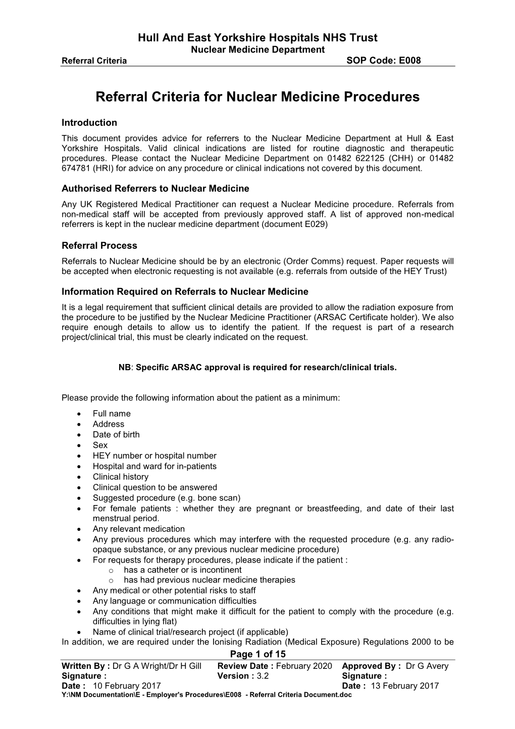 Nuclear Medicine Referral Criteria