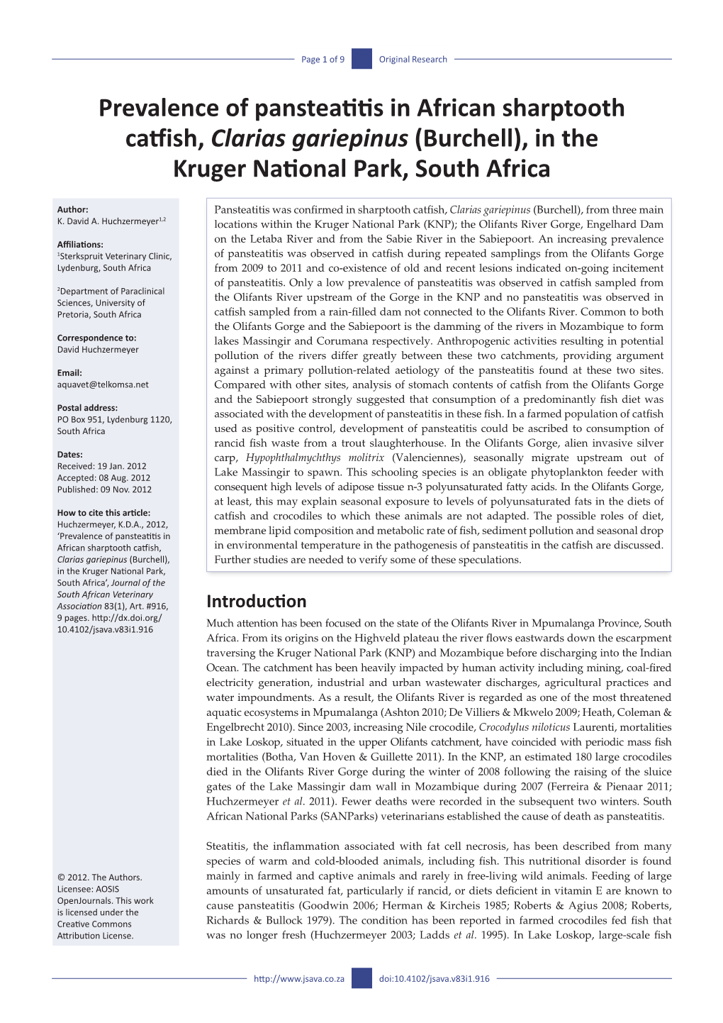 Prevalence of Pansteatitis in African Sharptooth Catfish, Clarias