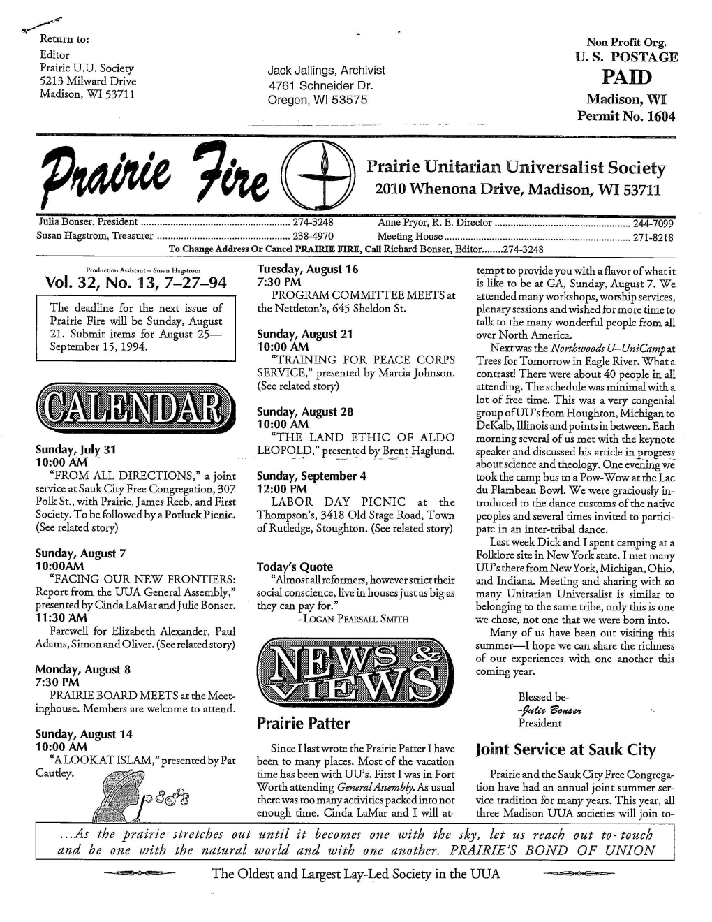 Prairie Unitarian Universalist Society 2010 Whenona Drive, Madison, WI 53711