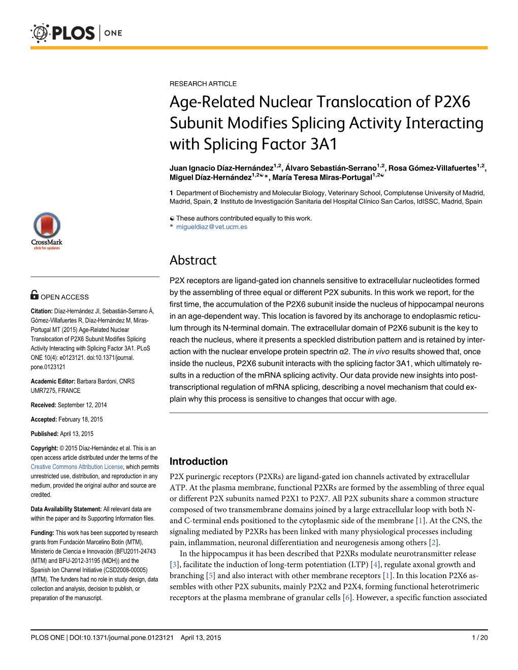 Age-Related Nuclear Translocation of P2X6 Subunit Modifies Splicing Activity Interacting with Splicing Factor 3A1