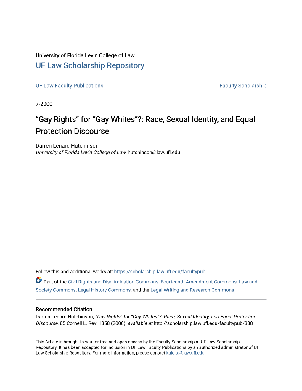 “Gay Whites”?: Race, Sexual Identity, and Equal Protection Discourse