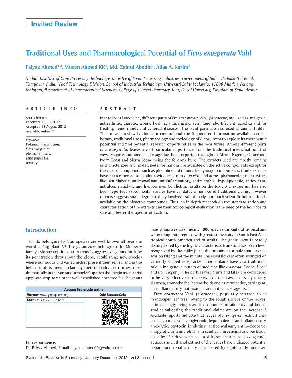 Traditional Uses and Pharmacological Potential of Ficus Exasperata Vahl