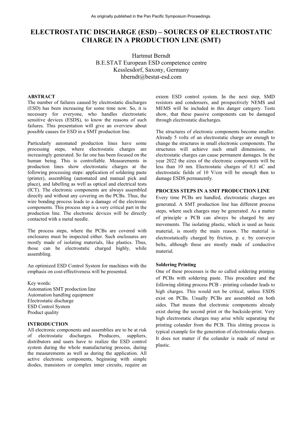 Electrostatic Discharge (Esd) – Sources of Electrostatic Charge in a Production Line (Smt)