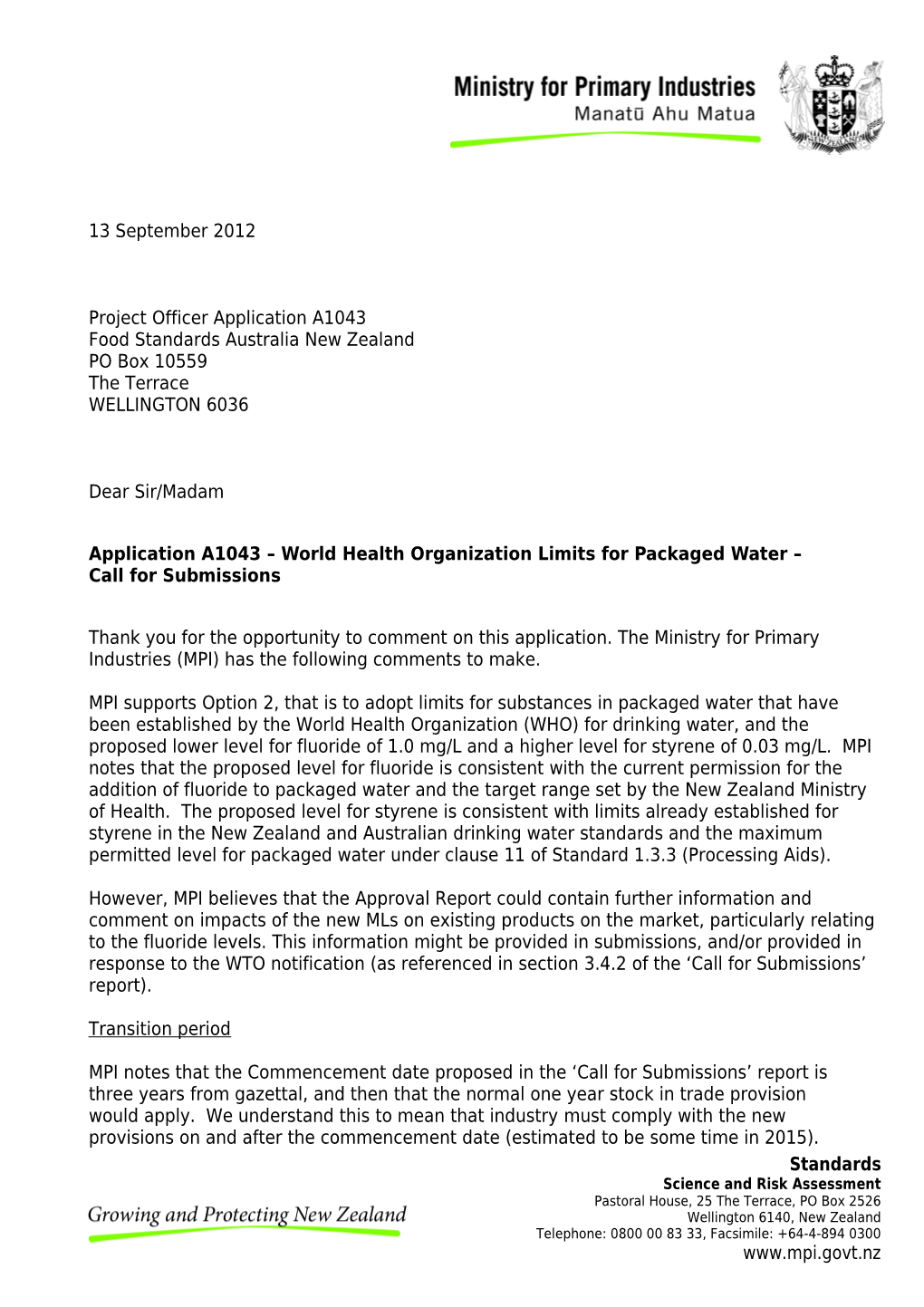 Application A1043 World Health Organization Limits for Packaged Water Call for Submissions