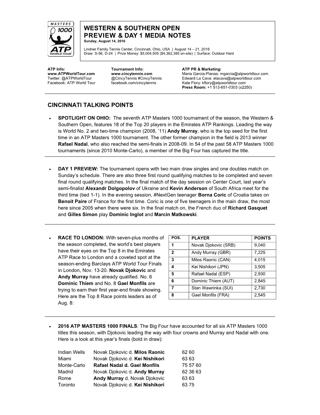 Western & Southern Open Preview & Day 1 Media Notes