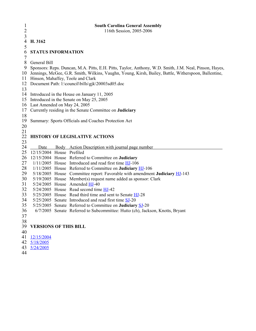 2005-2006 Bill 3162: Sports Officials and Coaches Protection Act - South Carolina Legislature