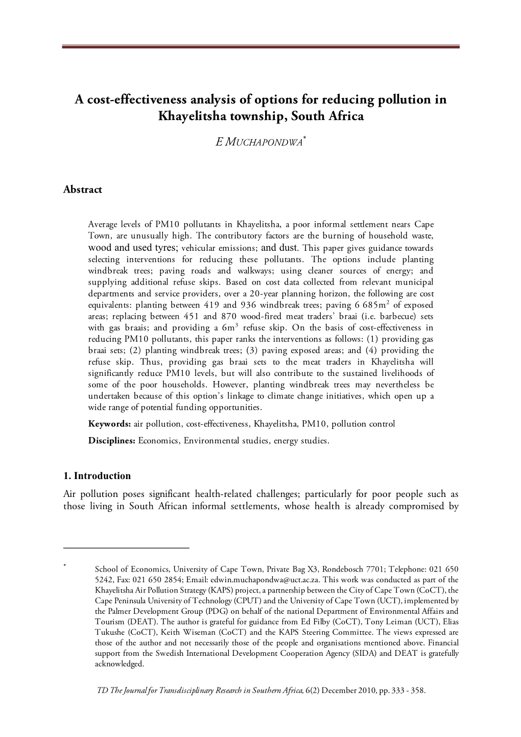 A Cost-Effectiveness Analysis of Options for Reducing Pollution in Khayelitsha Township, South Africa