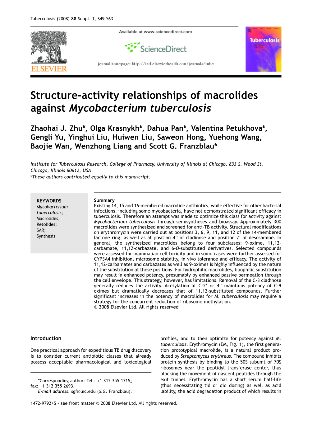 Structure-Activity Relationships of Macrolides Against Mycobacterium Tuberculosis