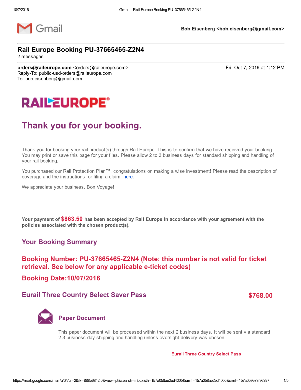 Gmail ­ Rail Europe Booking PU­37665465­Z2N4