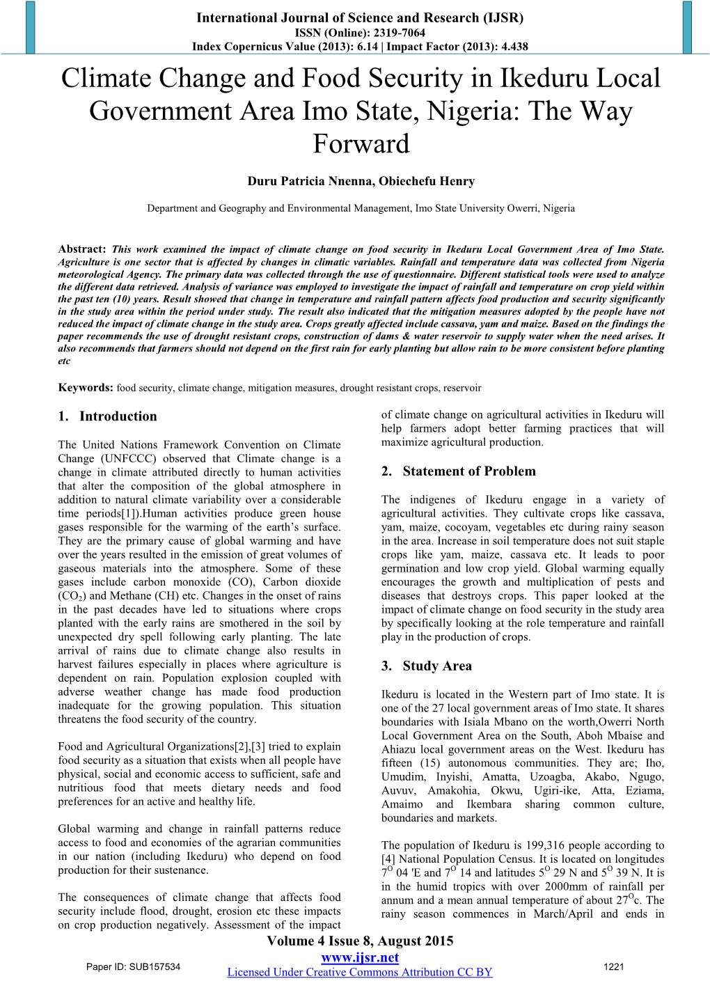 Climate Change and Food Security in Ikeduru Local Government Area Imo State, Nigeria: the Way Forward