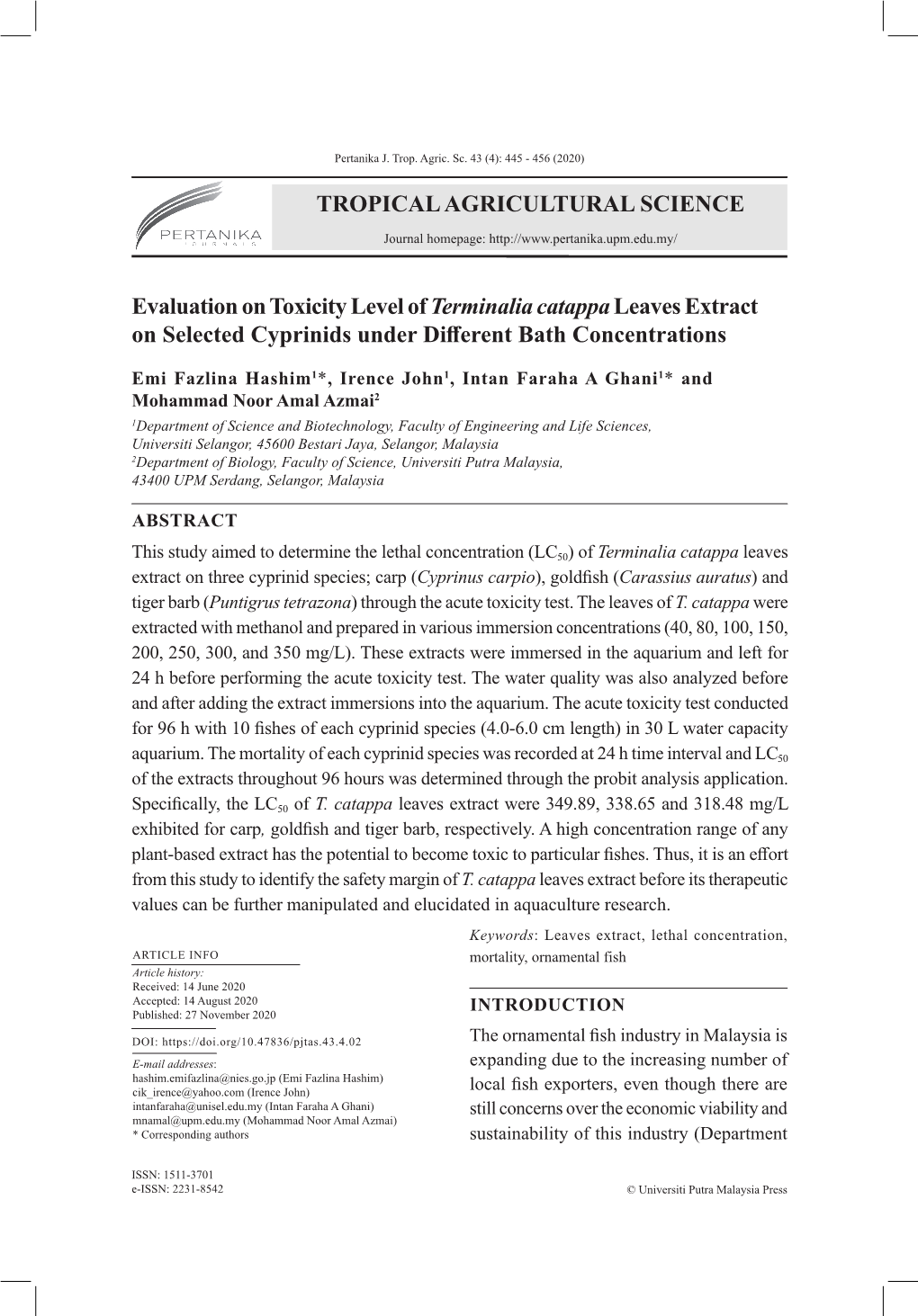 TROPICAL AGRICULTURAL SCIENCE Evaluation on Toxicity