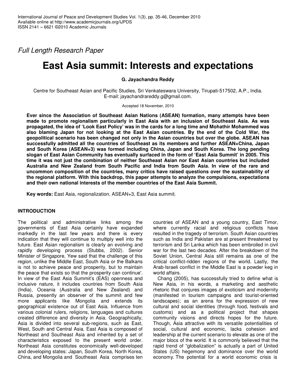 East Asia Summit: Interests and Expectations