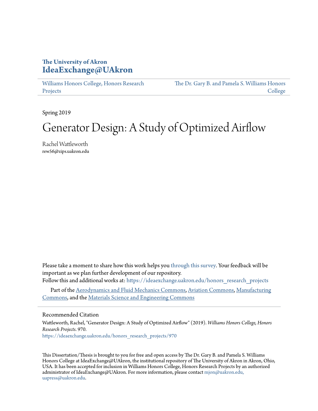 Generator Design: a Study of Optimized Airflow Rachel Wattleworth Rew56@Zips.Uakron.Edu