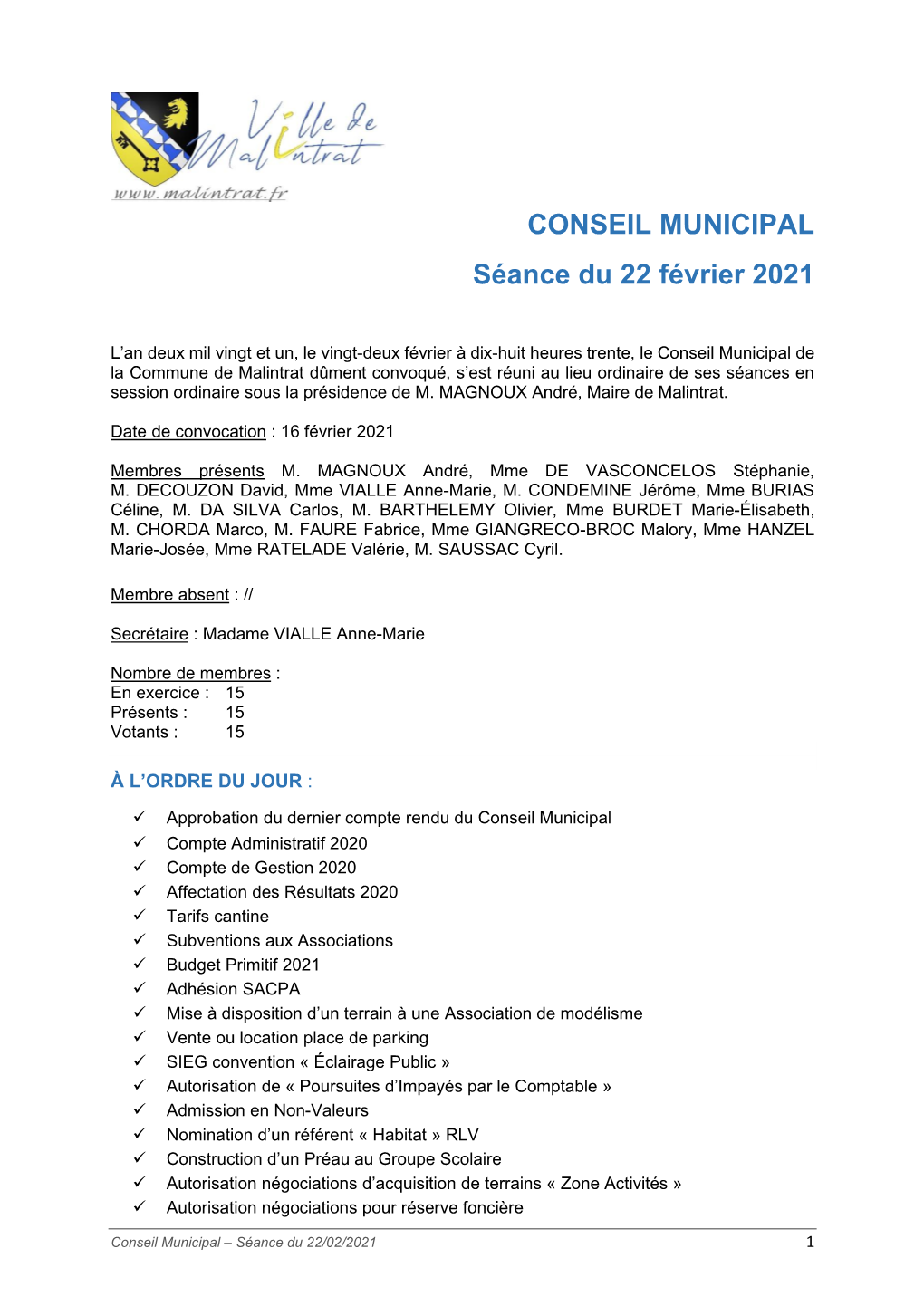 CONSEIL MUNICIPAL Séance Du 22 Février 2021