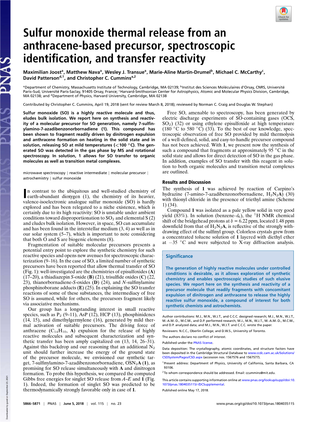 Sulfur Monoxide Thermal Release from an Anthracene-Based Precursor, Spectroscopic Identiﬁcation, and Transfer Reactivity