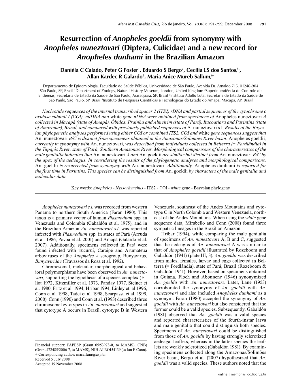 (Diptera, Culicidae) and a New Record for Anopheles Dunhami in the Brazilian Amazon