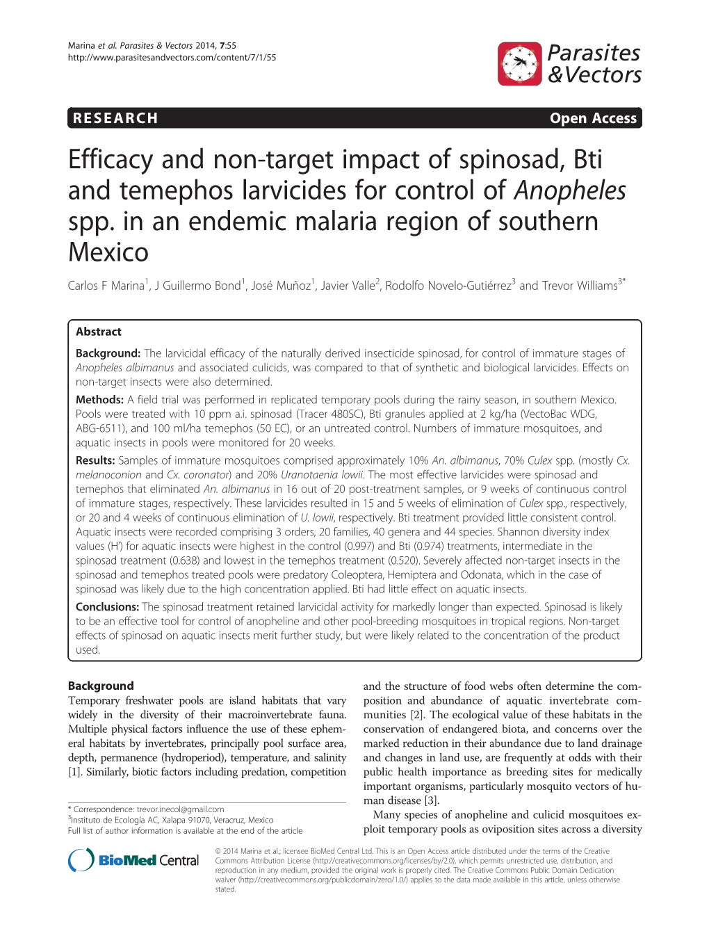 Efficacy and Non-Target Impact of Spinosad, Bti and Temephos Larvicides for Control of Anopheles Spp