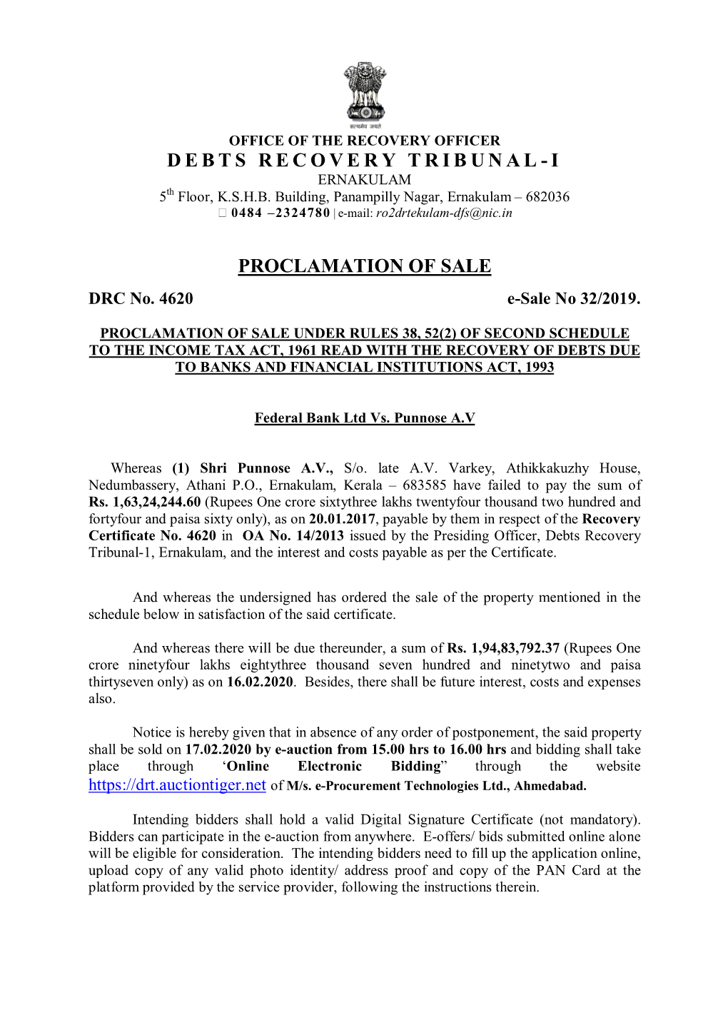 Debts Recovery Tribunal-I Proclamation of Sale