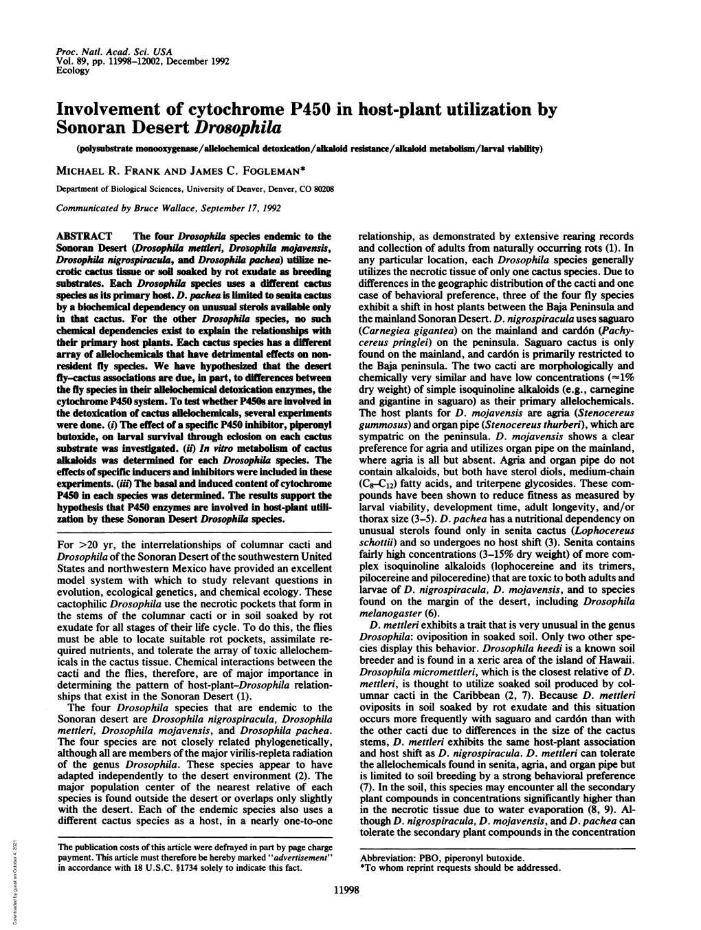 Sonoran Desert Drosophila (Polysubstrate Monooxygenase/Allelochemical Detoxicatlon/Alkalold Resistance/Alkaloid Metabolism/Larval Viability) MICHAEL R