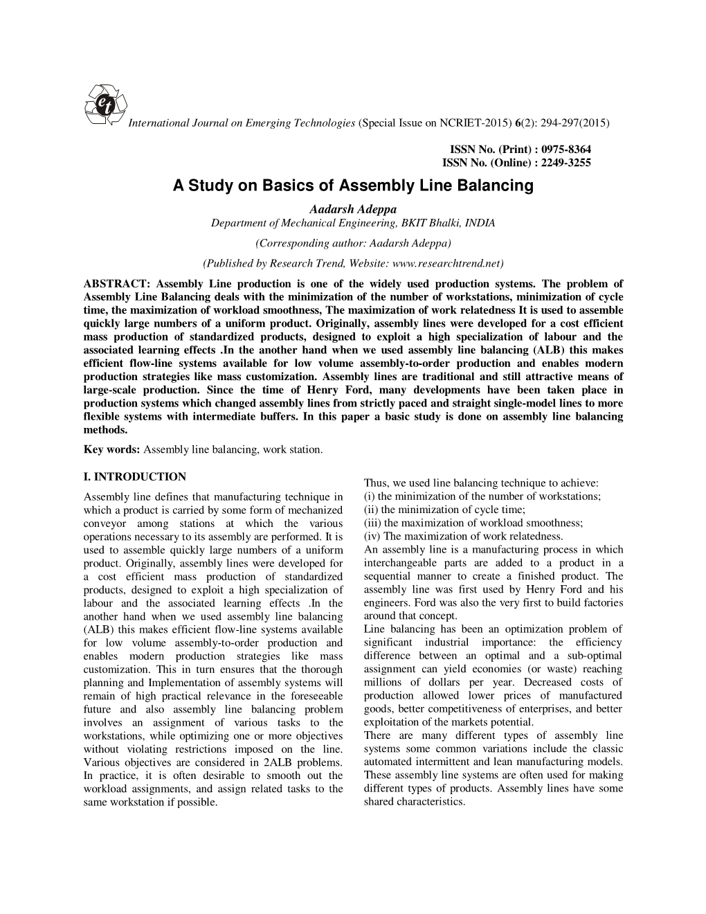 A Study on Basics of Assembly Line Balancing