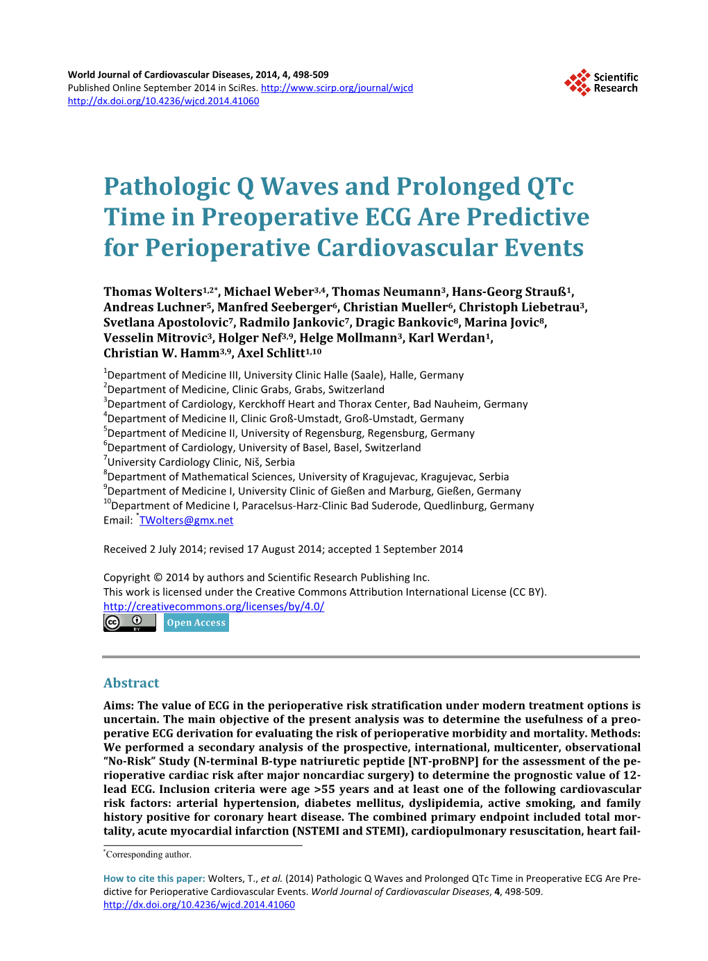Pathologic Q Waves and Prolonged Qtc Time in Preoperative ECG Are Predictive for Perioperative Cardiovascular Events