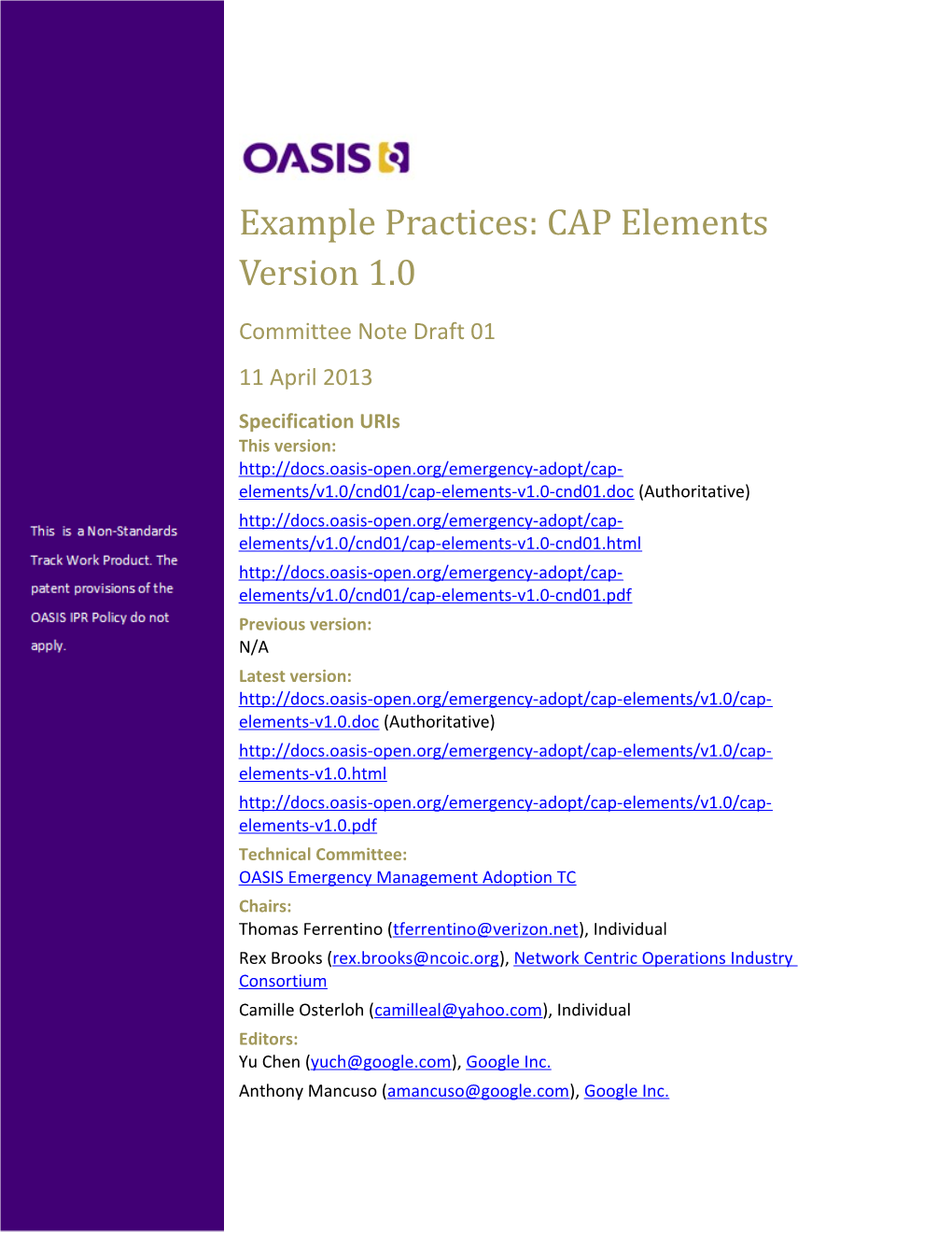 Example Practices: CAP Elements Version 1.0