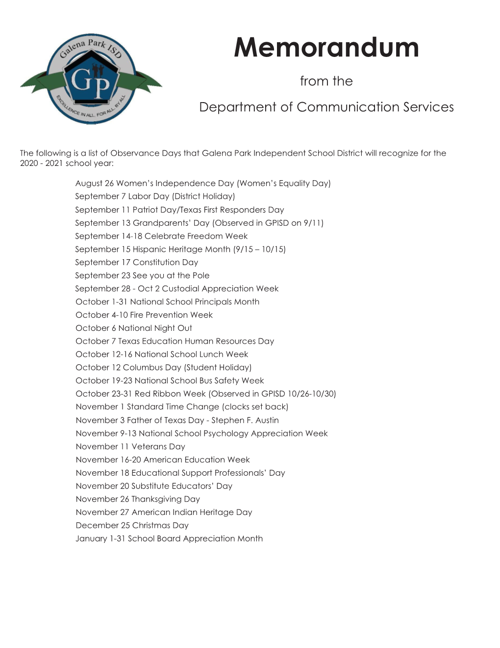 Memorandum from the Department of Communication Services