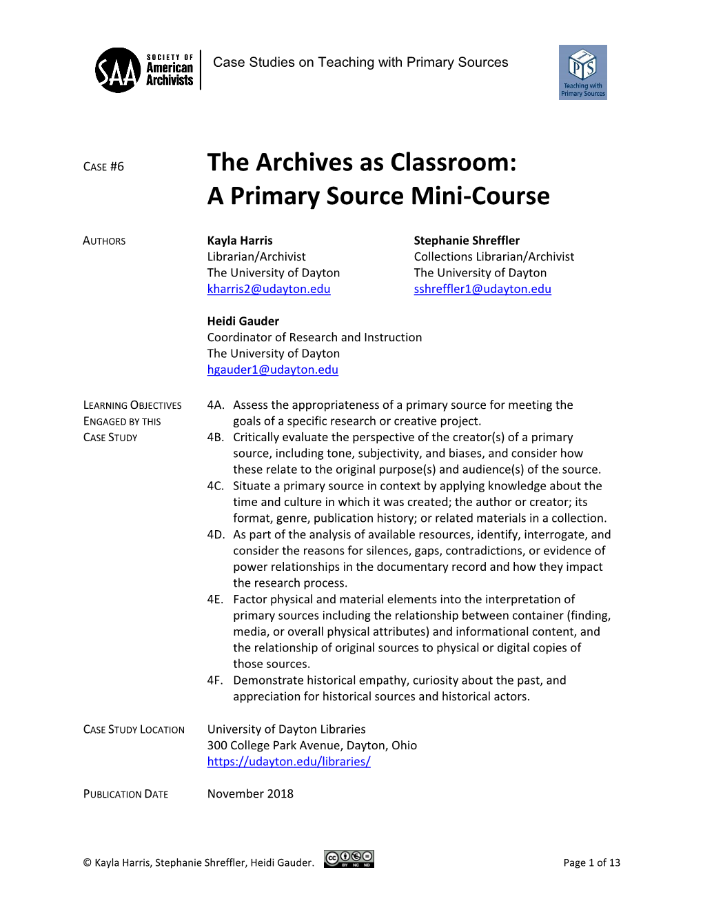 The Archives As Classroom: a Primary Source Mini-Course