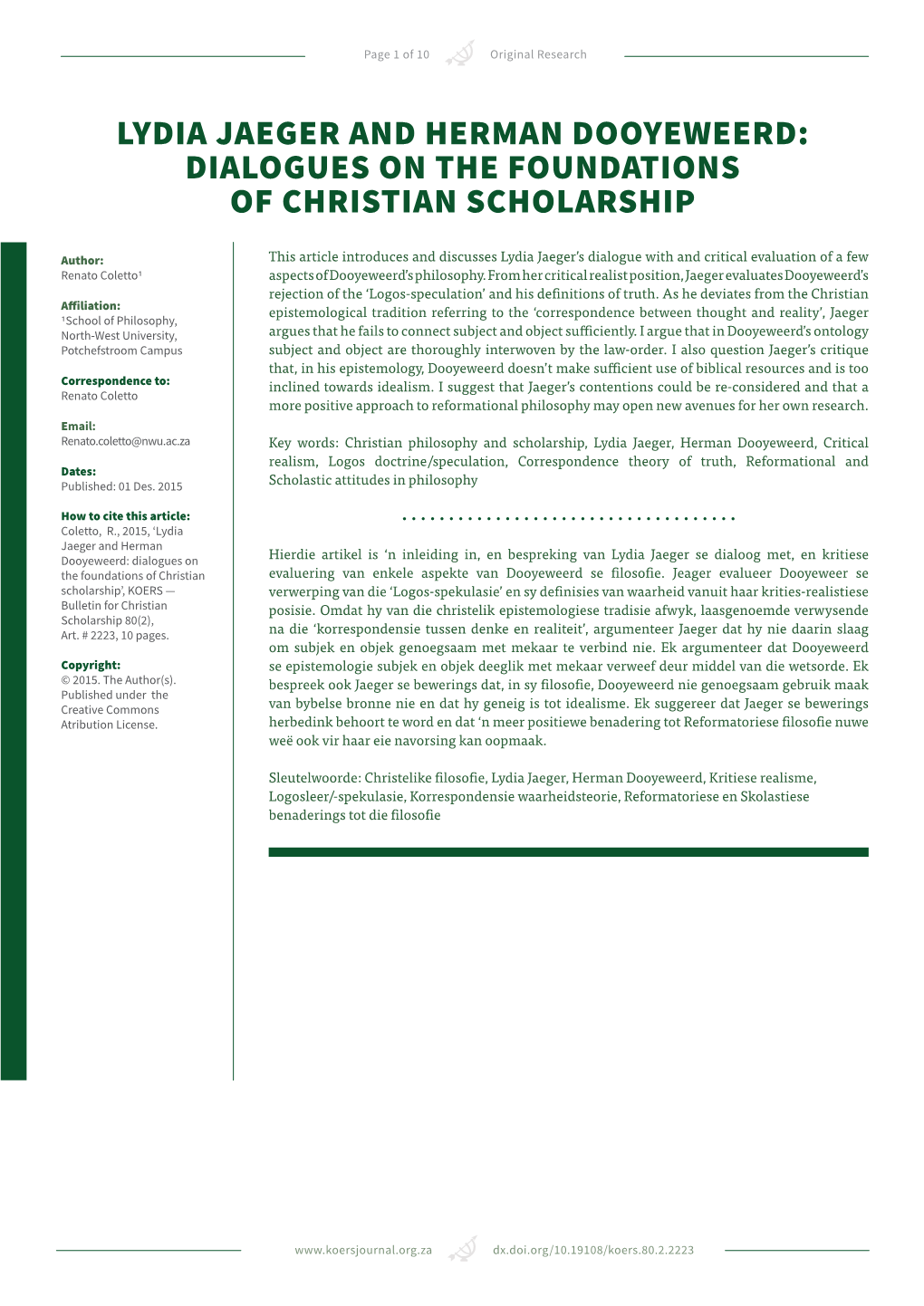 Lydia Jaeger and Herman Dooyeweerd: Dialogues on the Foundations of Christian Scholarship