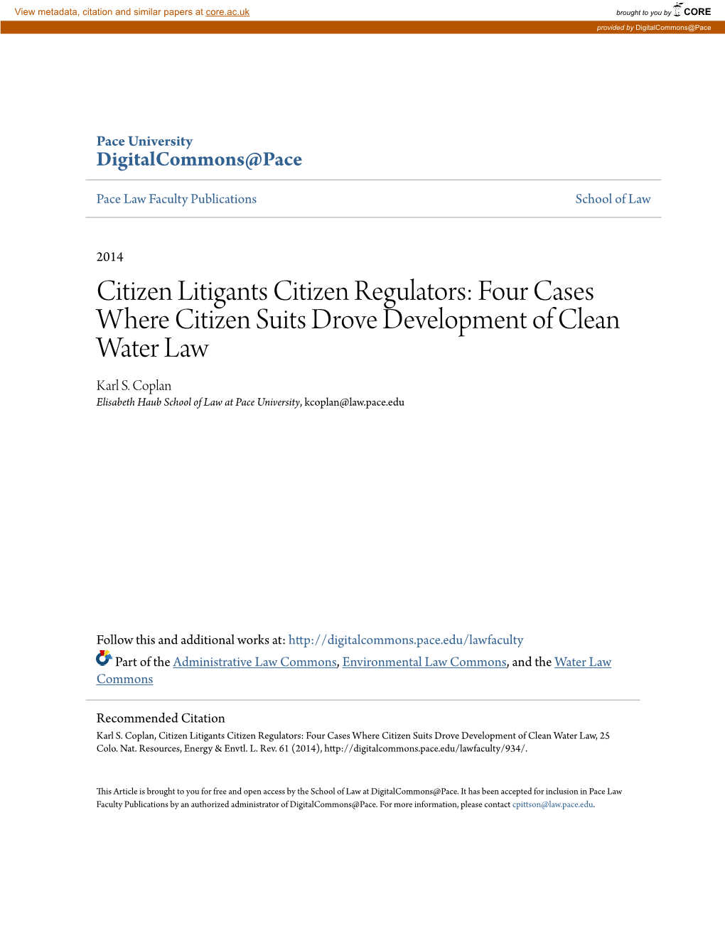 Four Cases Where Citizen Suits Drove Development of Clean Water Law Karl S