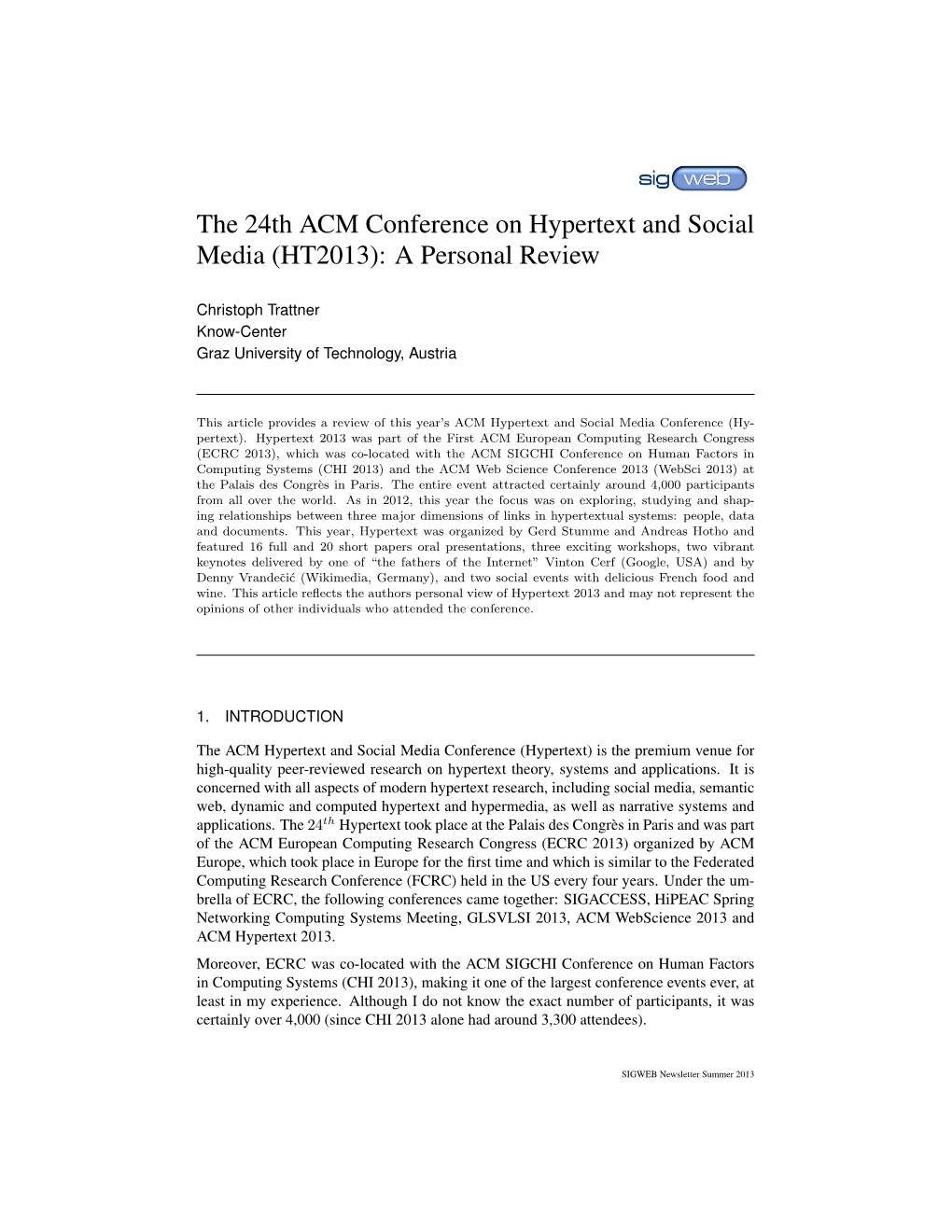 The 24Th ACM Conference on Hypertext and Social Media (HT2013): a Personal Review