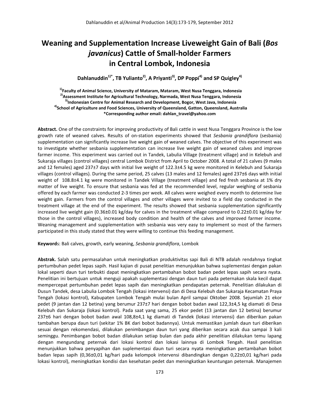 Weaning and Supplementation Increase Liveweight Gain of Bali (Bos Javanicus) Cattle of Small-Holder Farmers in Central Lombok, Indonesia