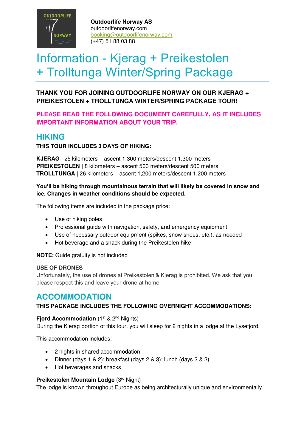 Kjerag + Preikestolen + Trolltunga Winter/Spring Package