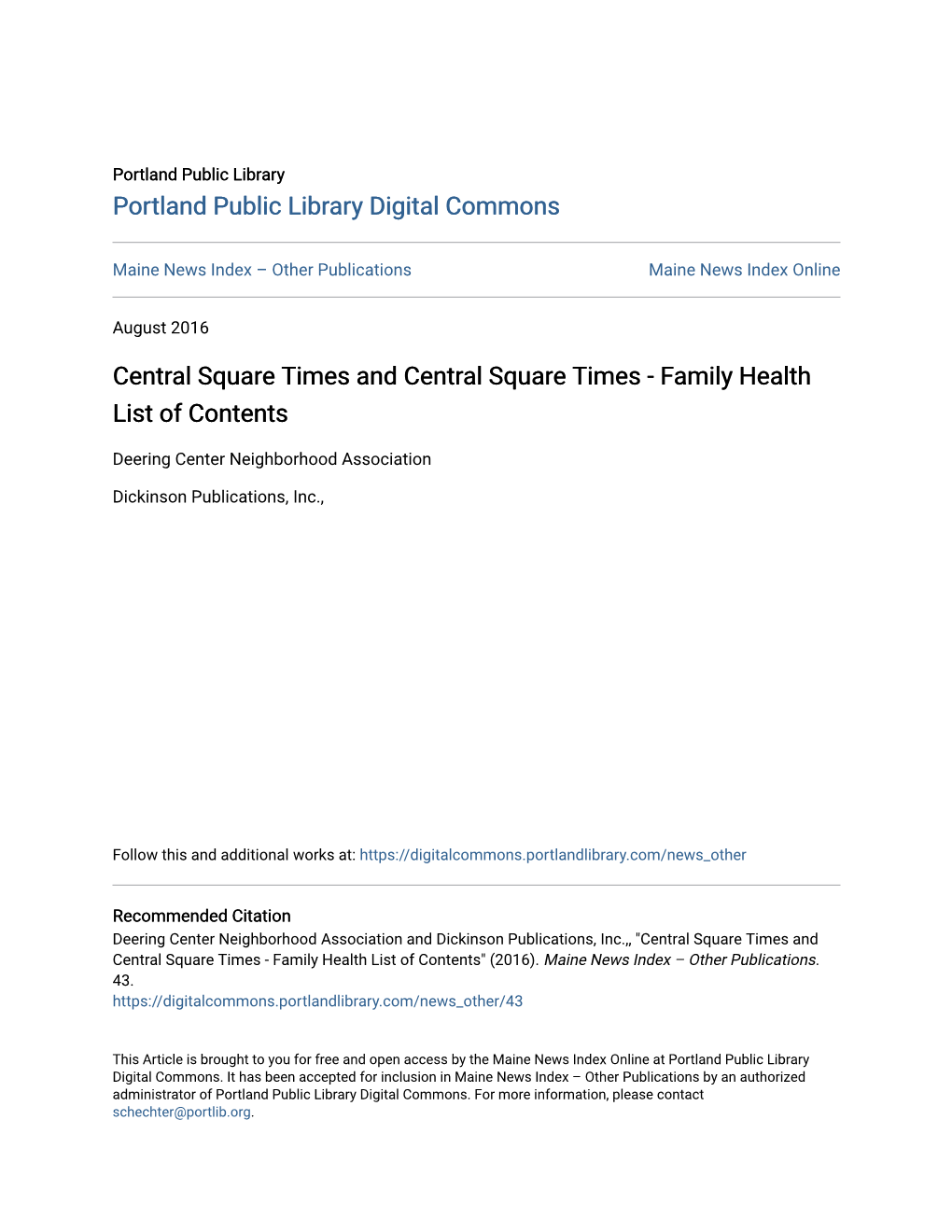 Central Square Times and Central Square Times - Family Health List of Contents