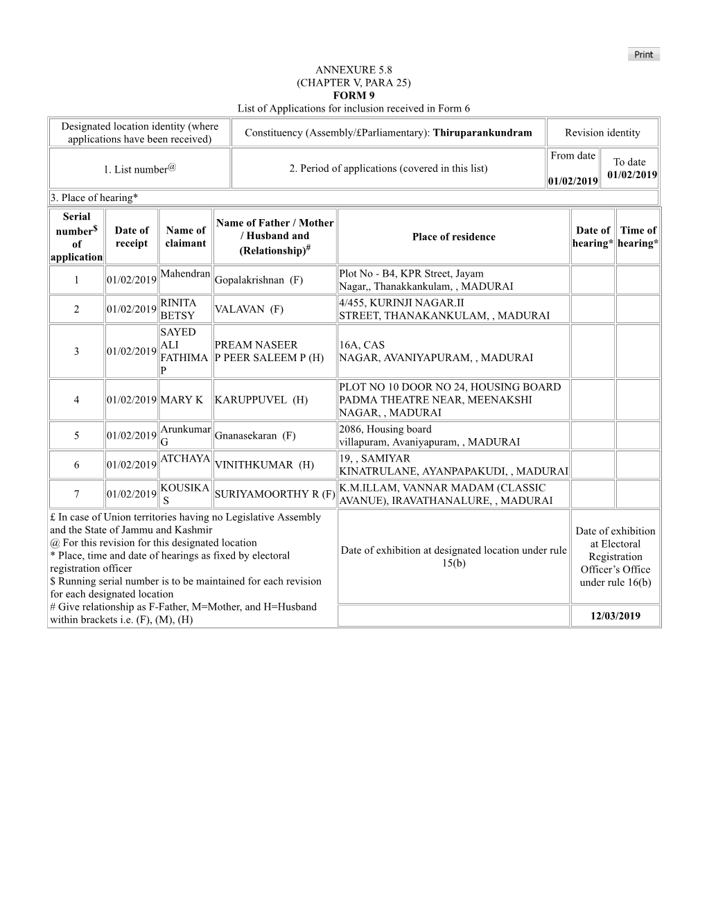 ANNEXURE 5.8 (CHAPTER V, PARA 25) FORM 9 List of Applications For