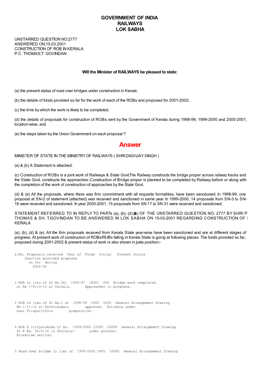 Answered On:15.03.2001 Construction of Rob in Kerala P.C