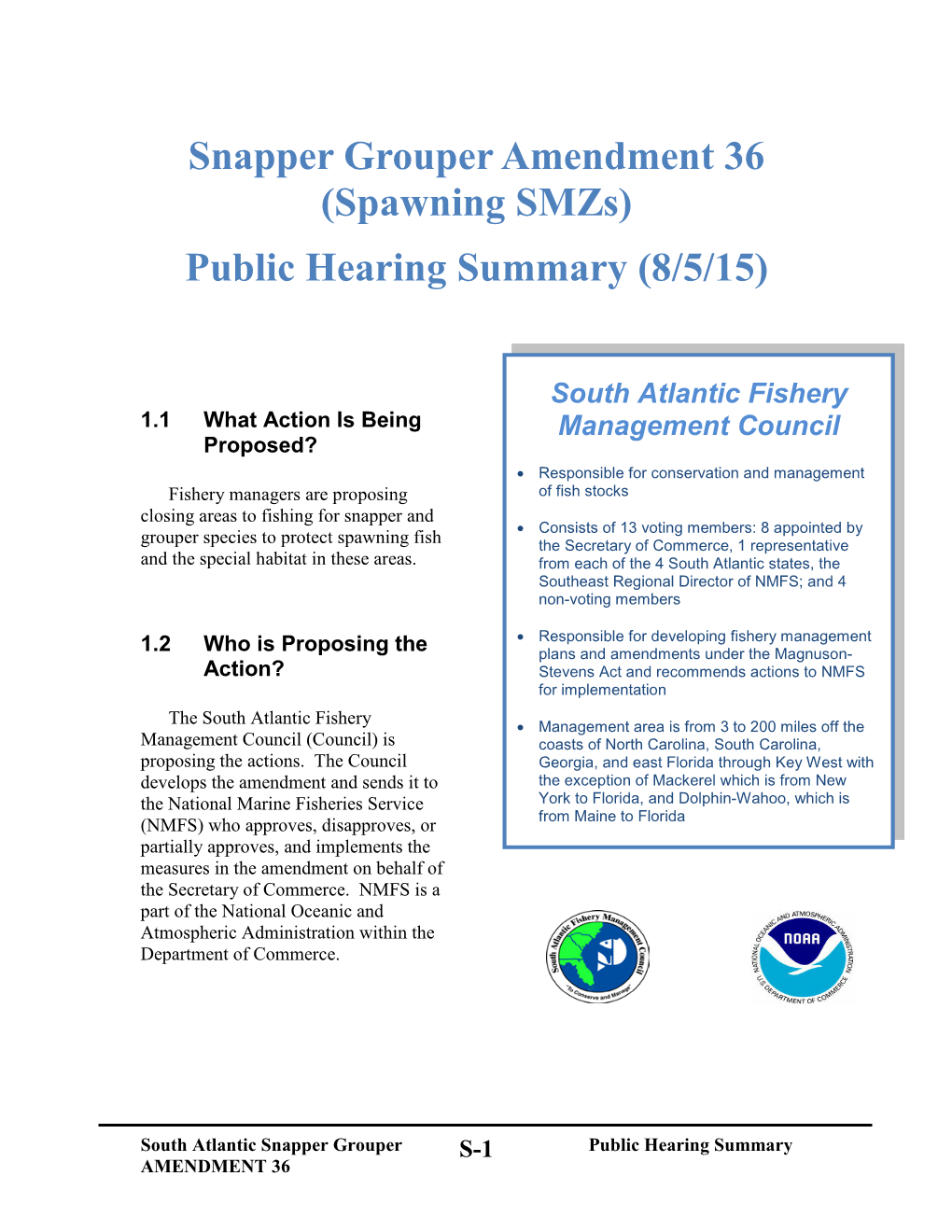 Spawning Smzs) Public Hearing Summary (8/5/15
