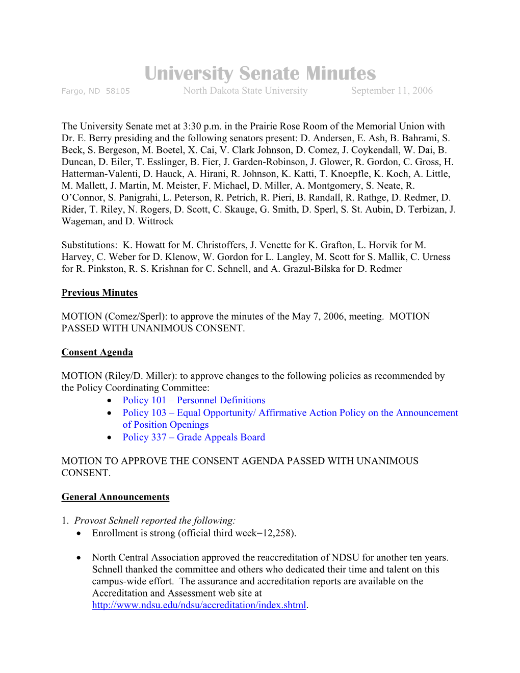 NDSU University Senate Meeting Minutes -- 2006-2007