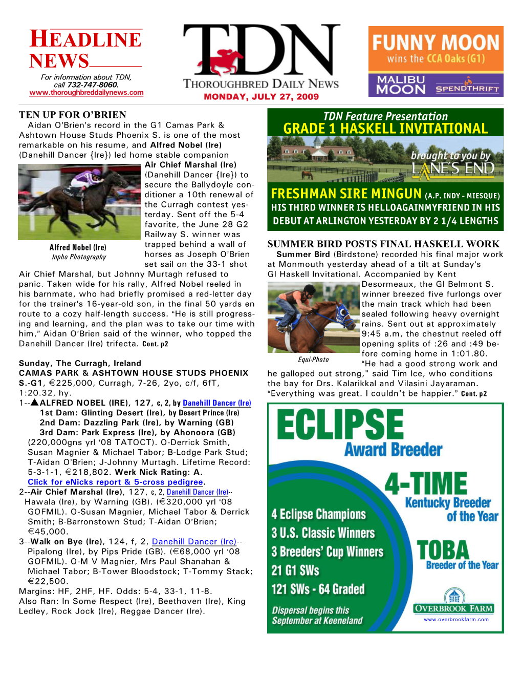 HEADLINE NEWS • 7/27/09 • PAGE 2 of 7 TDN Feature Presentation