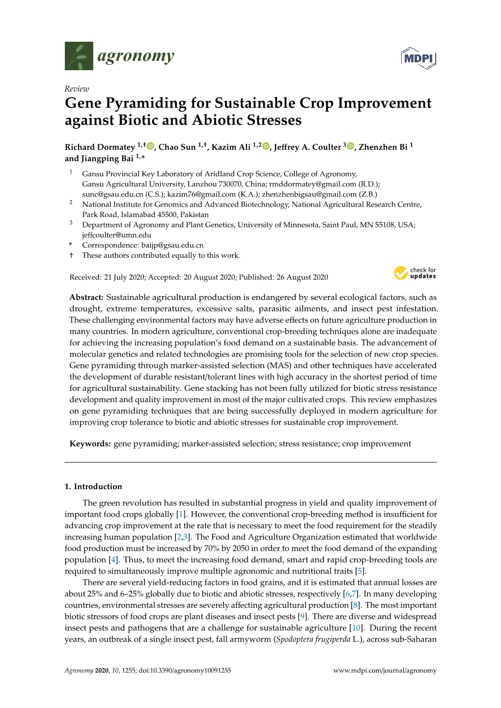 Gene Pyramiding for Sustainable Crop Improvement Against Biotic and Abiotic Stresses